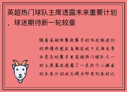 英超热门球队主席透露未来重要计划，球迷期待新一轮较量